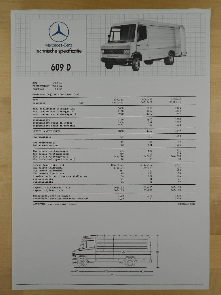 Mercedes 609D Technische Specificatie folder ca 1987 BG 609, Zo goed als nieuw, Mercedes-Benz, Mercedes, Ophalen of Verzenden
