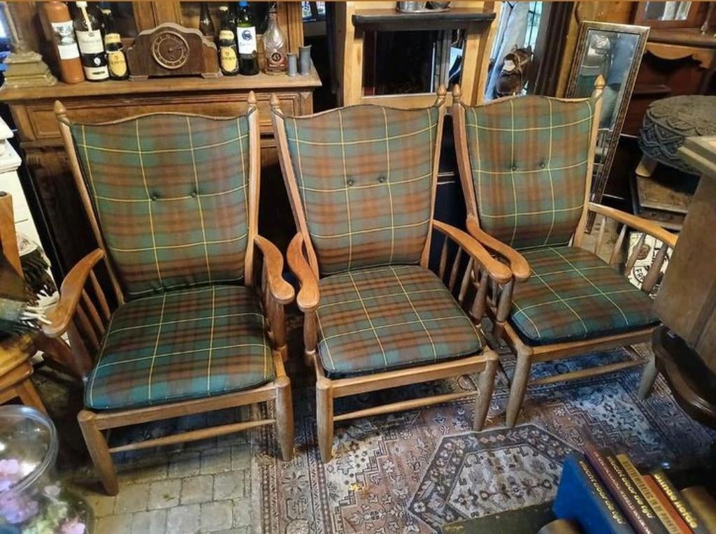 4 Vintage Houten armstoelen fauteuils Schotse Ruit Bekleding, Ophalen