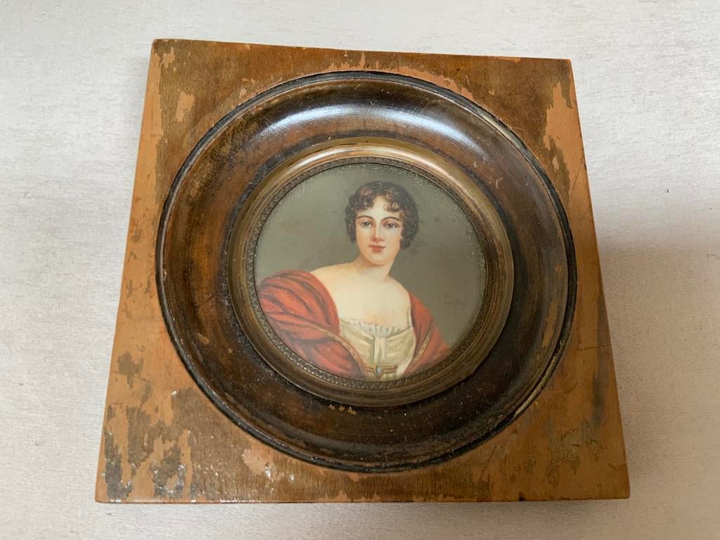 Antiek Miniatuur Schilderij Dame Portret Schilderijtje, Antiek en Kunst, Ophalen of Verzenden