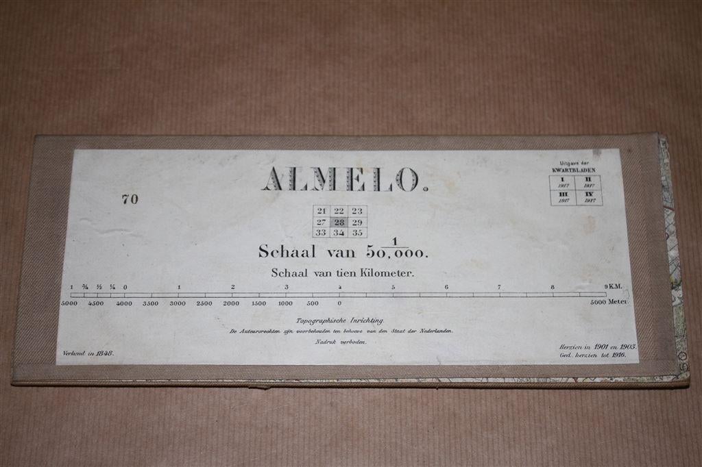 Antieke stafkaart op linnen - Almelo - 1916, Boeken, Gelezen, Ophalen of Verzenden, Landkaart, 1800 tot 2000