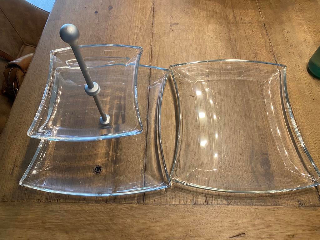 Etagere van Waltherglas met extra schaal, Ophalen of Verzenden, Zo goed als nieuw, Rond, Glas