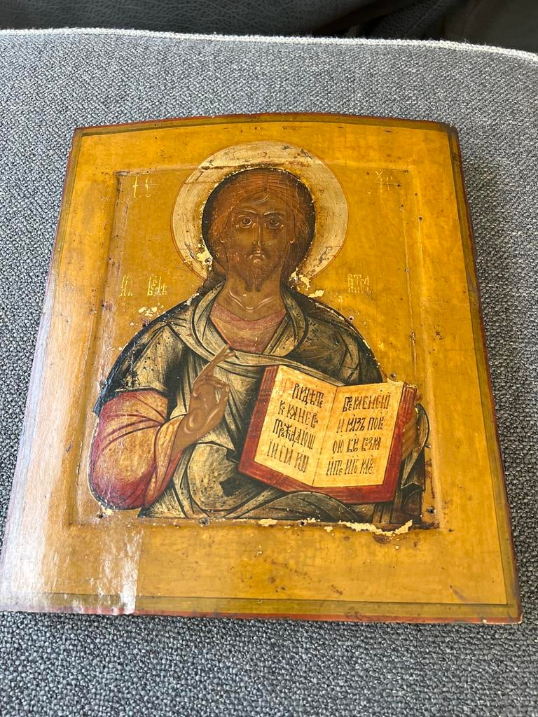 Antieke Russische Icoon van Christus Pantocrator, Ophalen of Verzenden
