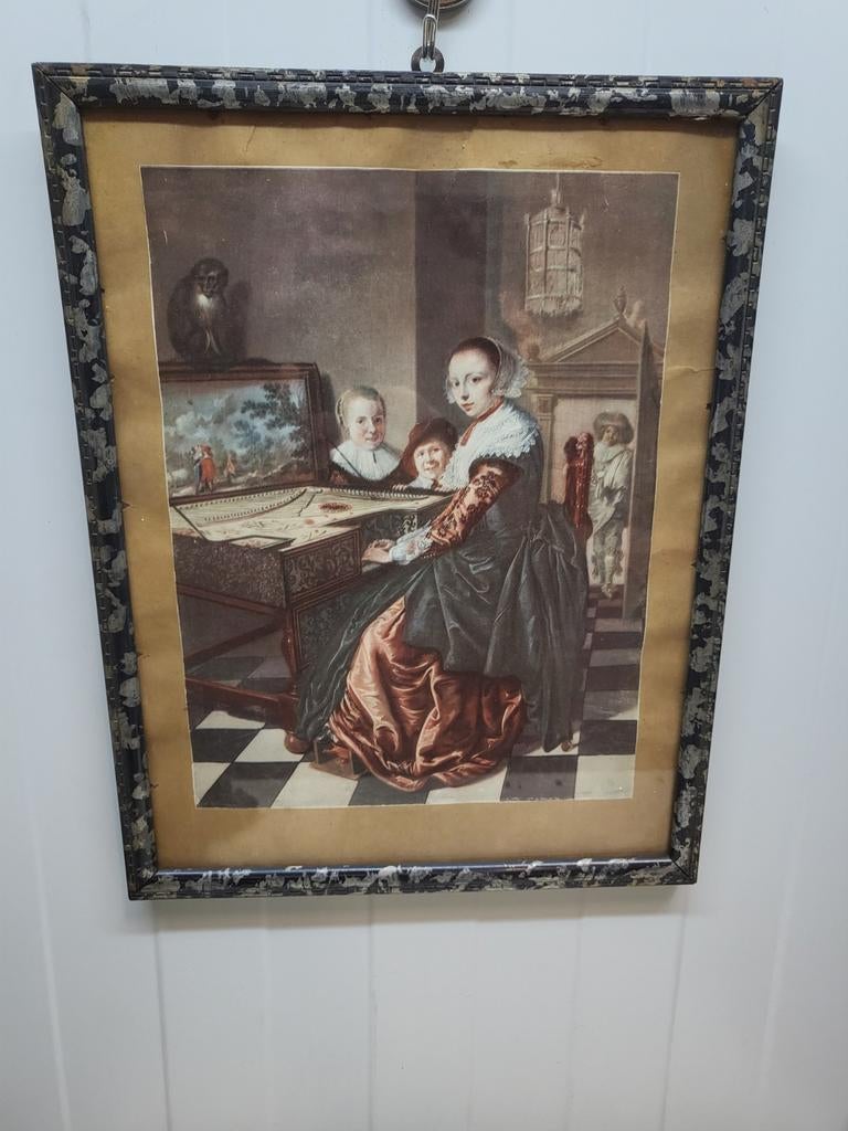 Antieke ingelijste prent: Dame aan het virginaal, Antiek en Kunst, Kunst | Schilderijen | Klassiek, Ophalen of Verzenden