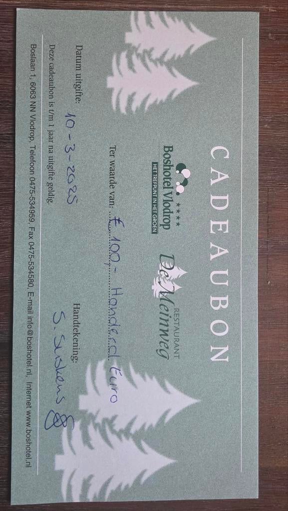 Boshotel Vlodrop Cadeaubon Tegoedbon Hotelbon Waardebon, Tickets en Kaartjes, Kortingsbon