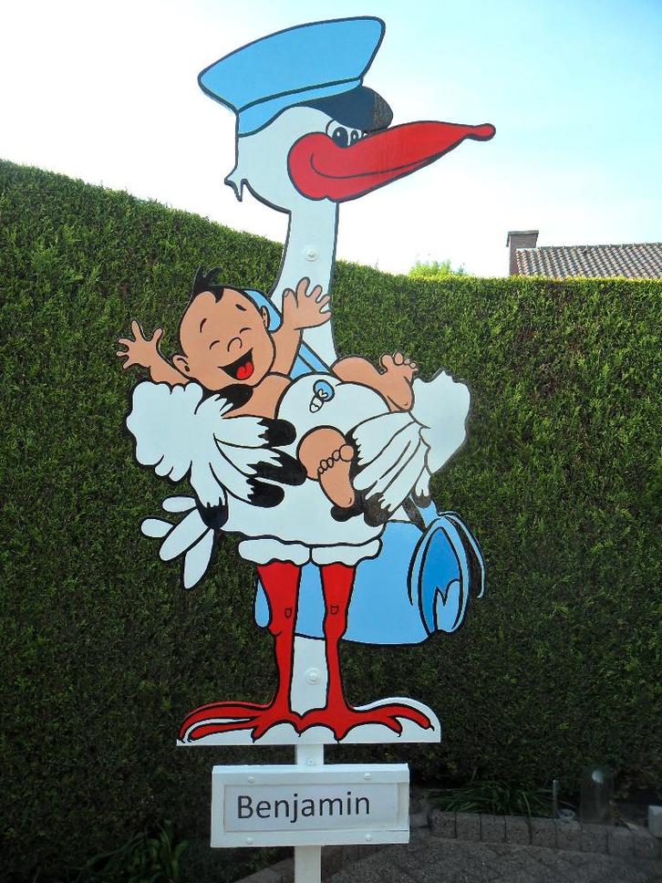 Geboortebord ooievaar met blauwe pet en baby een jongen., Kinderen en Baby's, Kraamcadeaus en Geboorteborden, Nieuw, Geboortebord