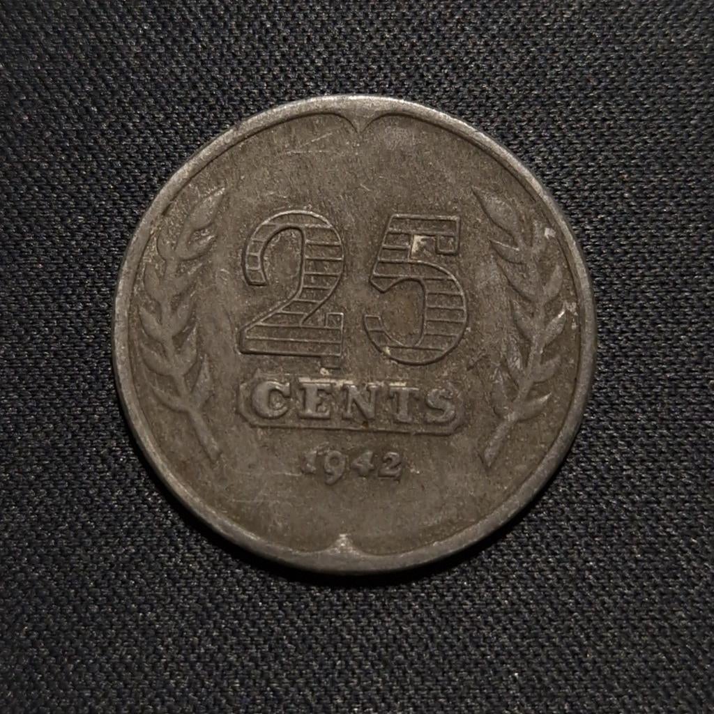 25 cent 1942 zink, Verzenden, Koningin Wilhelmina, 25 cent, Losse munt