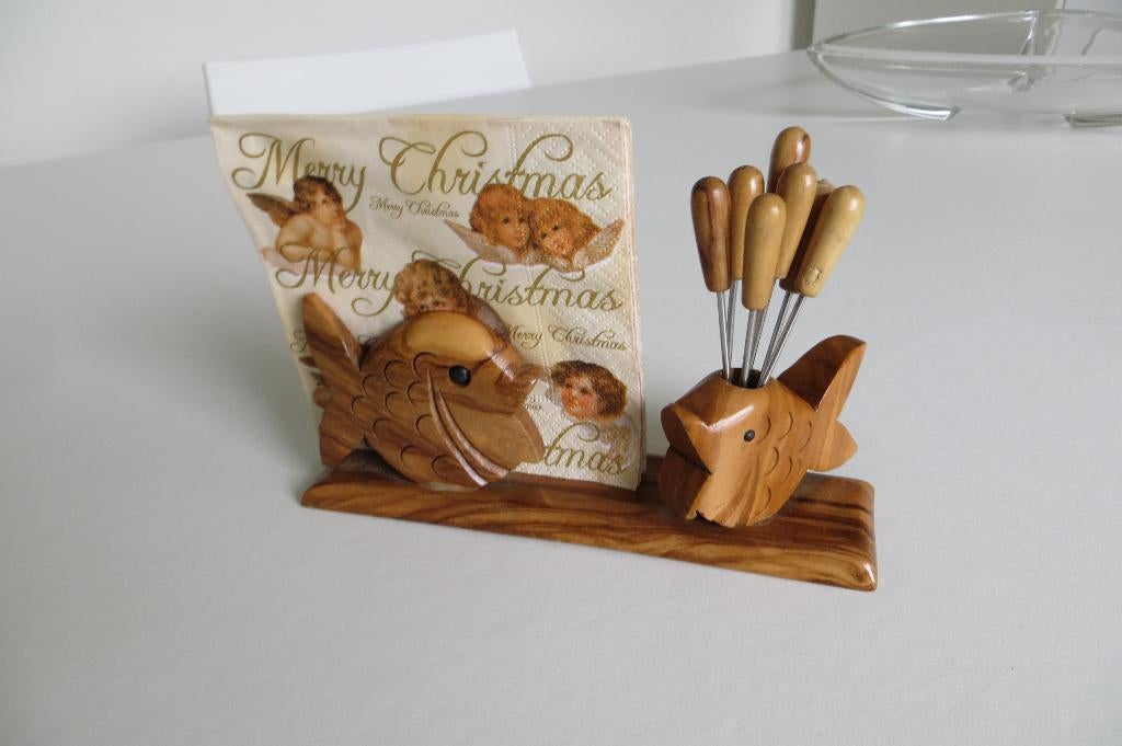 Retro vintage houten houder voor cocktailprikkers en servet, Ophalen of Verzenden, Gebruikt