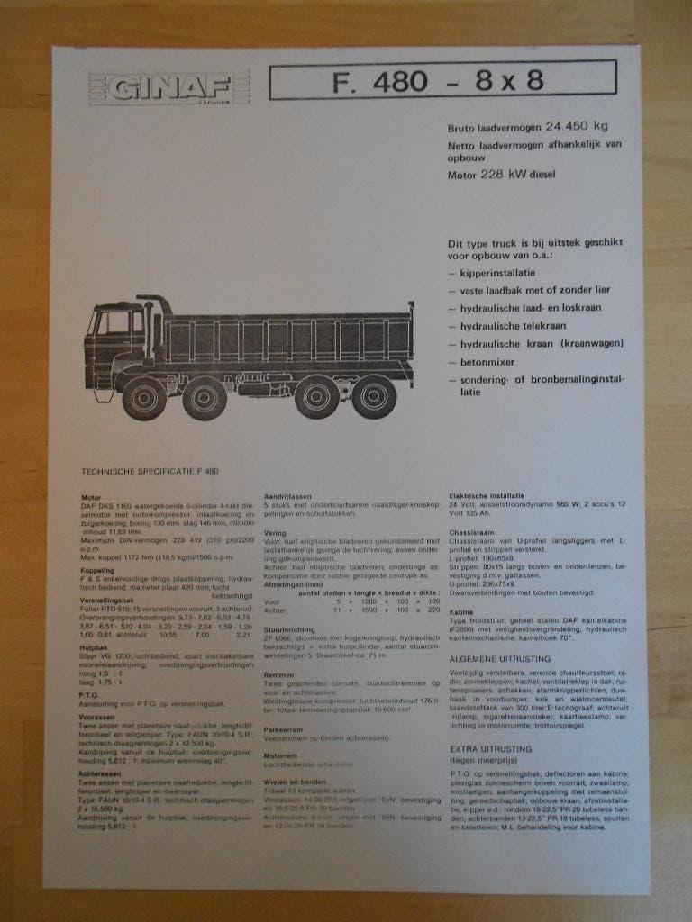 GINAF F480 8x8 Technische Specificatie folder 1980, Ophalen of Verzenden, Zo goed als nieuw, Overige merken, GINAF