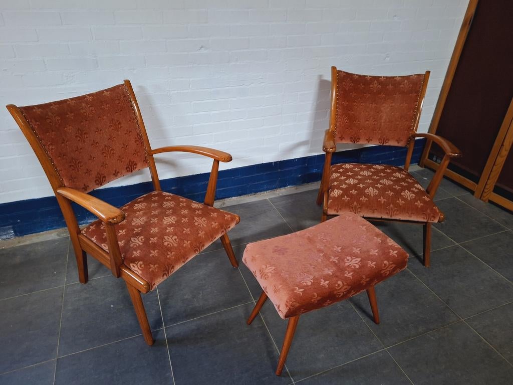 Vintage fauteuils met voetenbankje Midcentury, Ophalen, 75 tot 100 cm, 50 tot 75 cm