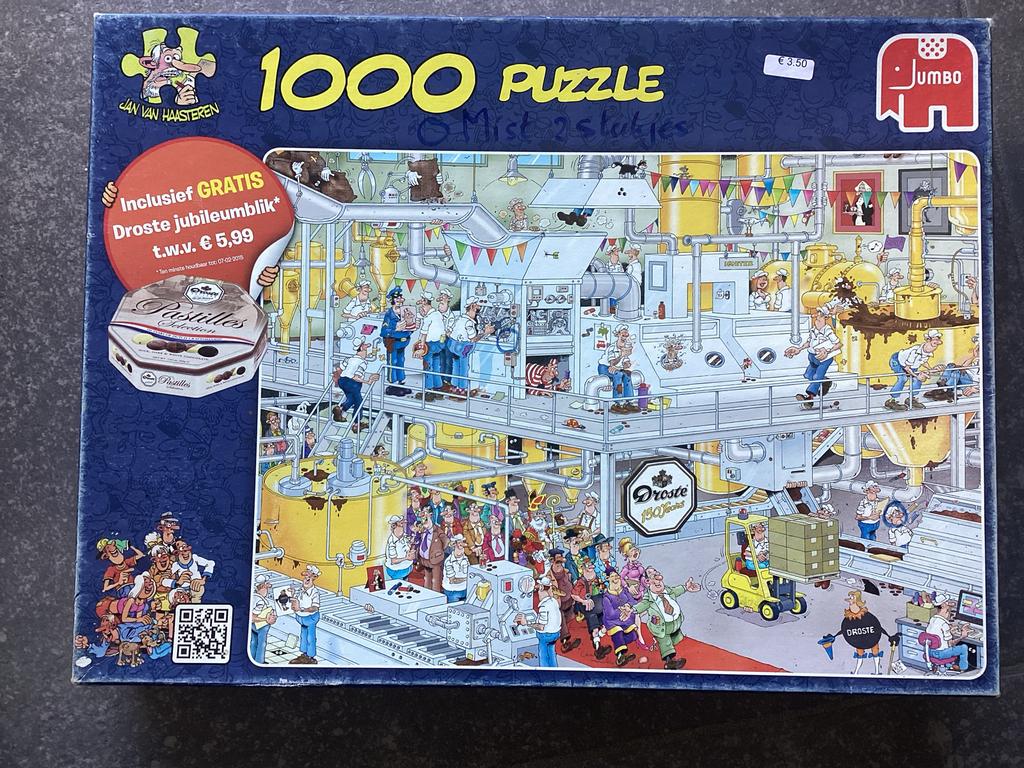 Jan van Haasteren Droste puzzel 999 stukjes (1 kwijt), Ophalen, 500 t/m 1500 stukjes, Gebruikt, Legpuzzel