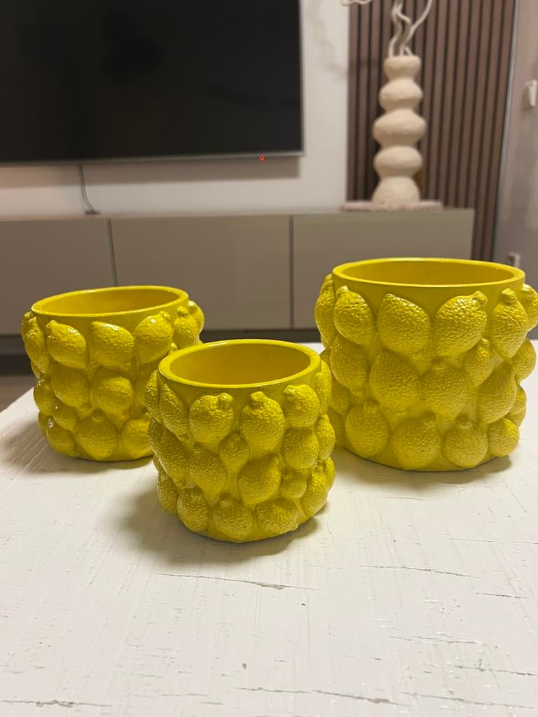 3 prachtige citroen bloempotjes, Rond, Ophalen of Verzenden, Zo goed als nieuw, Aardewerk