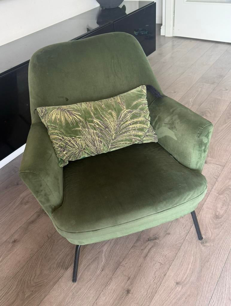 Groene suede fauteuil/stoel, Ophalen, 75 tot 100 cm, Zo goed als nieuw, Stof
