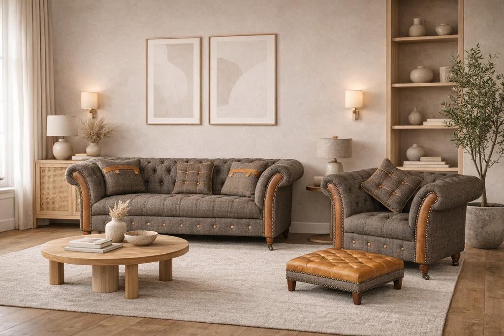 Henley Harris Tweed stof leer Chesterfield 3 Zits klassiek, Ophalen of Verzenden, Nieuw, 75 tot 100 cm, Stof