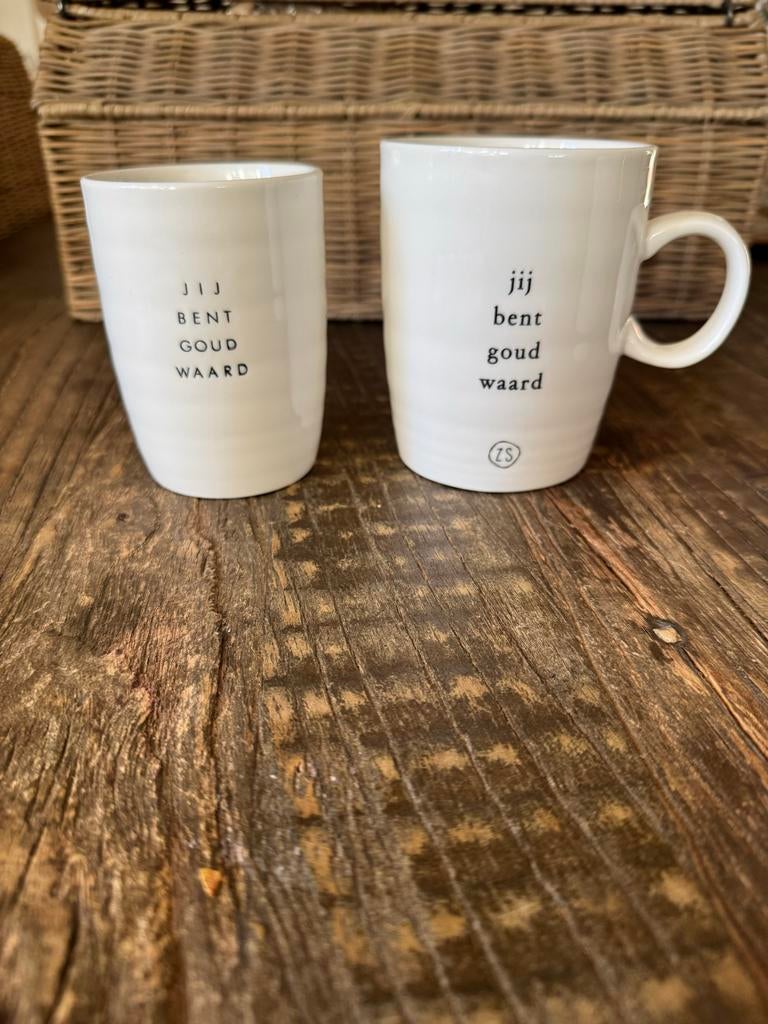 Zusss bekers met tekst Jij bent goud waard, set van 2, Huis en Inrichting, Keramiek, Nieuw, Ophalen of Verzenden, Effen