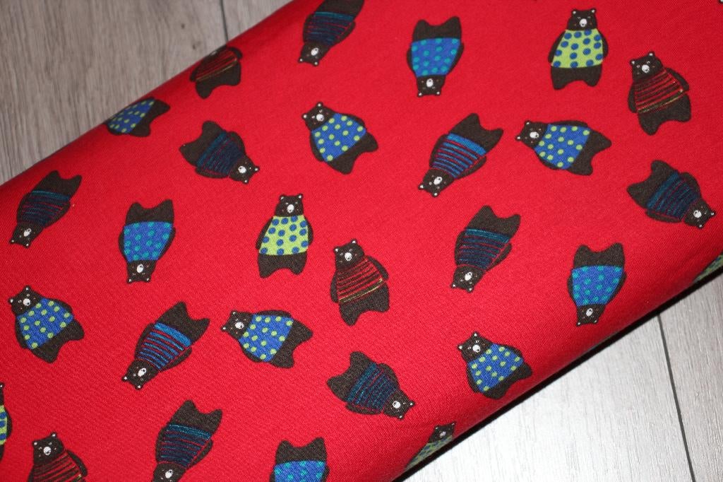 Tricot katoen stof Megan blue - Rood beren print #3056, Hobby en Vrije tijd, Stoffen en Lappen, 120 cm of meer, Ophalen of Verzenden