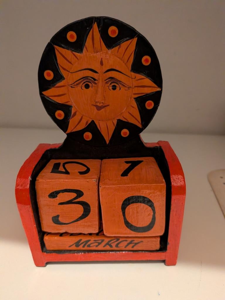 Houten datum kalender blok met zon, Ophalen of Verzenden
