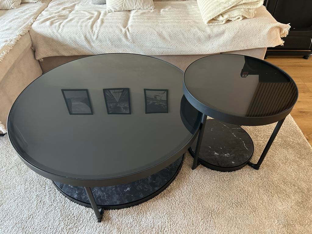 Salontafel set rond zwart glas (ikea frötorp), 100 tot 150 cm, Rond, Zo goed als nieuw, Glas