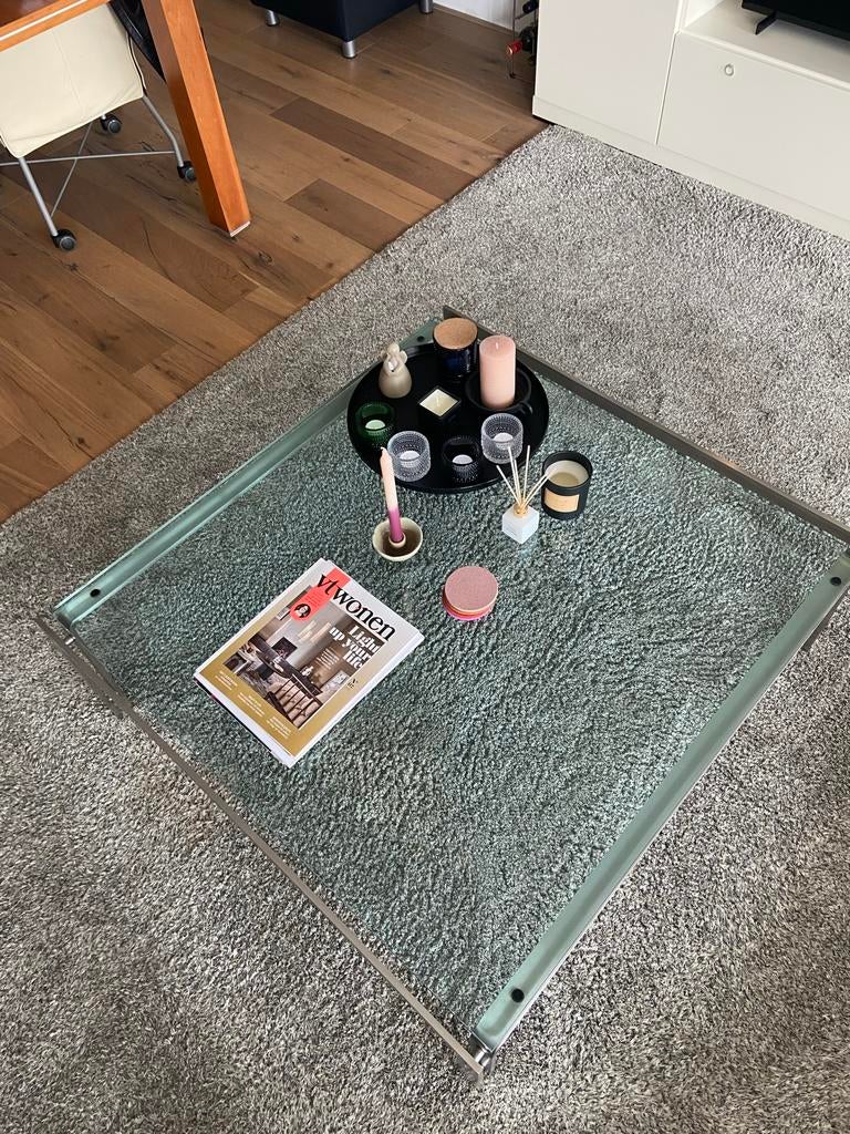 Metaform M1 Salontafel - Glas en Metaal, Huis en Inrichting, Tafels | Salontafels, Ophalen, Gebruikt, 100 tot 150 cm, Vierkant