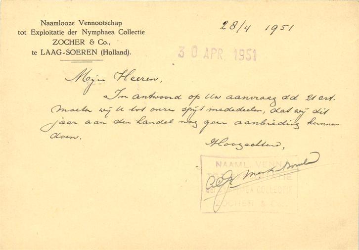 Zocher + Co., Laag-Soeren - 04.1951 - briefkaart, Postzegels en Munten, Brieven en Enveloppen | Nederland, Briefkaart, Ophalen of Verzenden