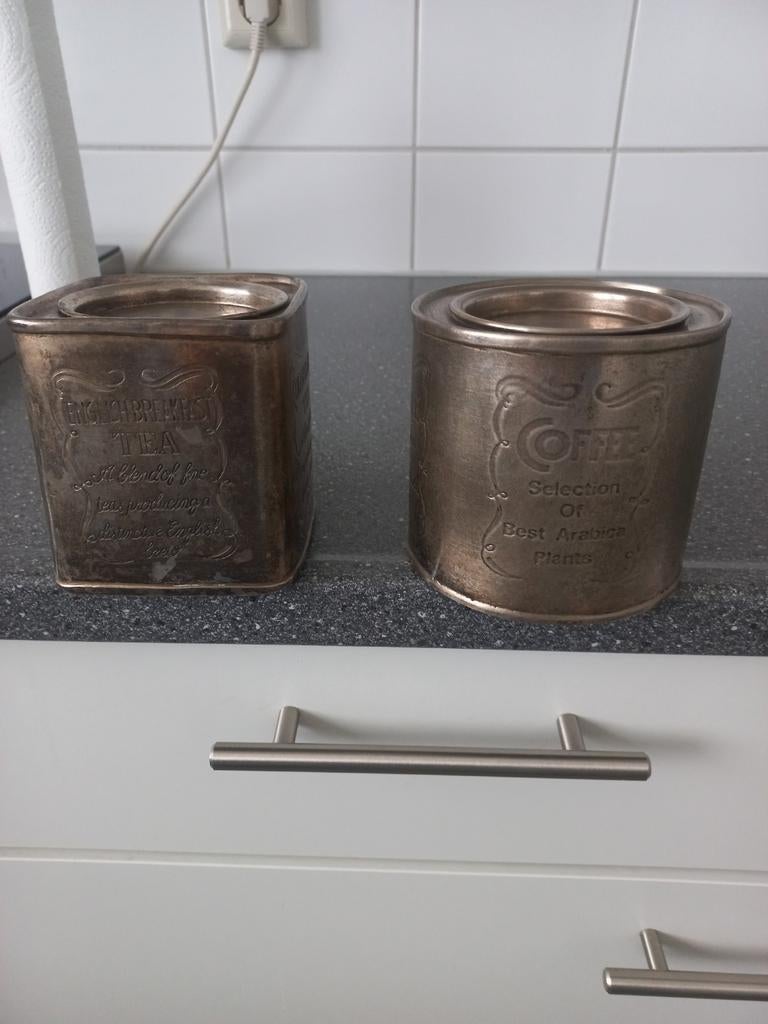 Verzilverde bewaarbussen koffie en thee, Antiek en Kunst, Antiek | Goud en Zilver, Ophalen of Verzenden