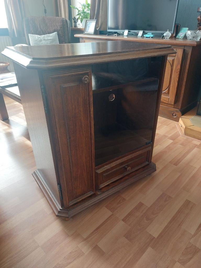 Eikenhouten Radio/CD Meubel met Glasplaat en Lade, Huis en Inrichting, Kasten | Televisiemeubels, Ophalen, Glas, Gebruikt, Klassiek