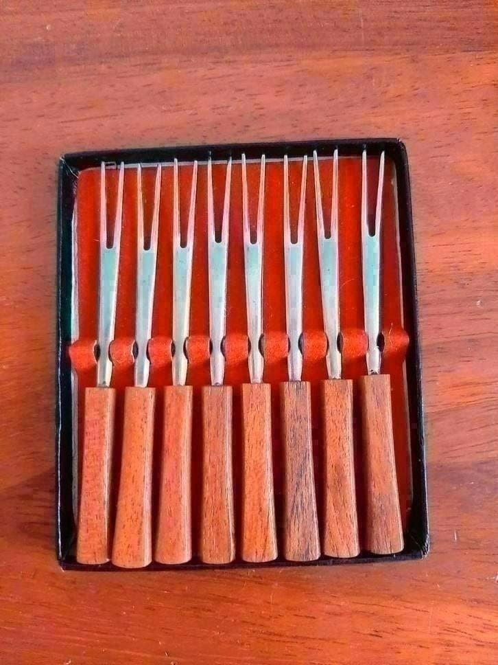 Set vintage vorkjes met teak hout steel, Ophalen of Verzenden