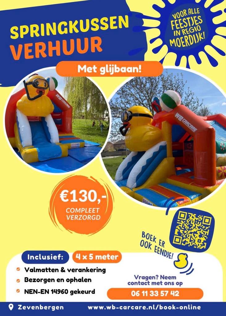 Springkussen met glijbaan te huur, Ophalen of Verzenden, Zo goed als nieuw