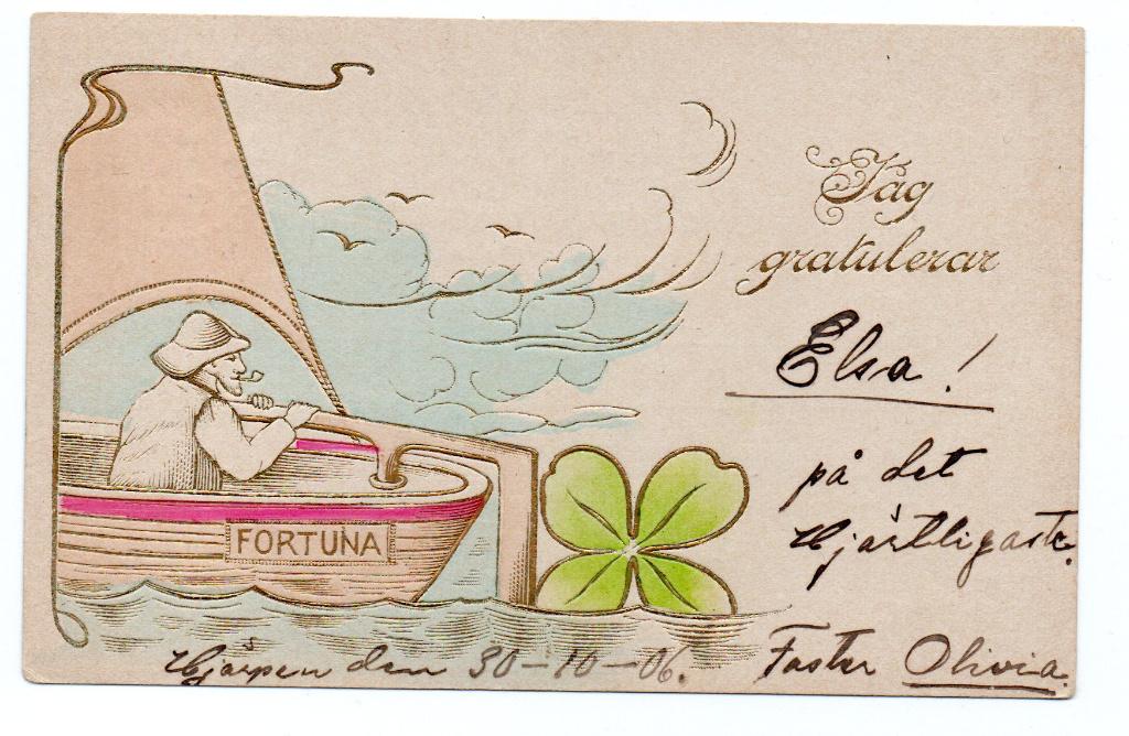 Zeilboot - Fortuna - Klaver - 1906 Zweden - goudaccenten, Verzenden, Voor 1920, Gelopen, Feest(dag)