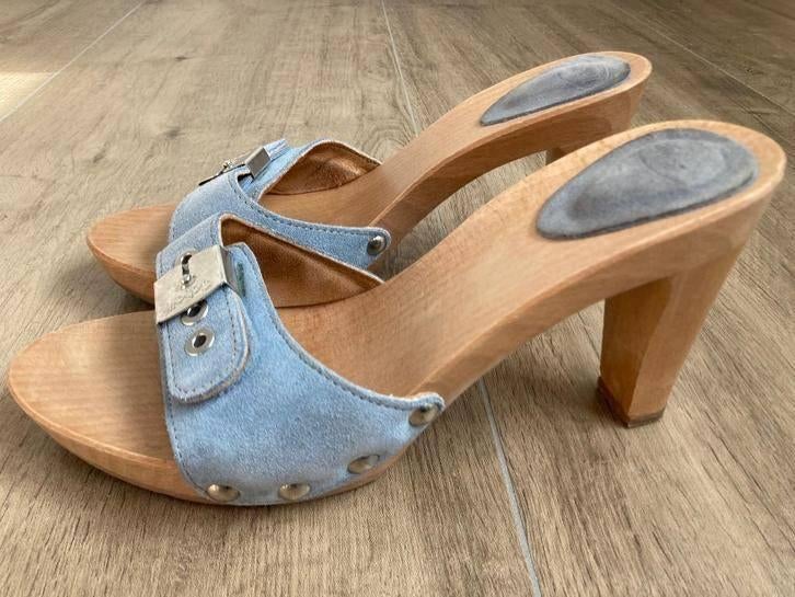 Hoge lichtblauw suède lederen kleppers Scholl mt 39, Scholl, Blauw, Zo goed als nieuw, Sandalen of Muiltjes