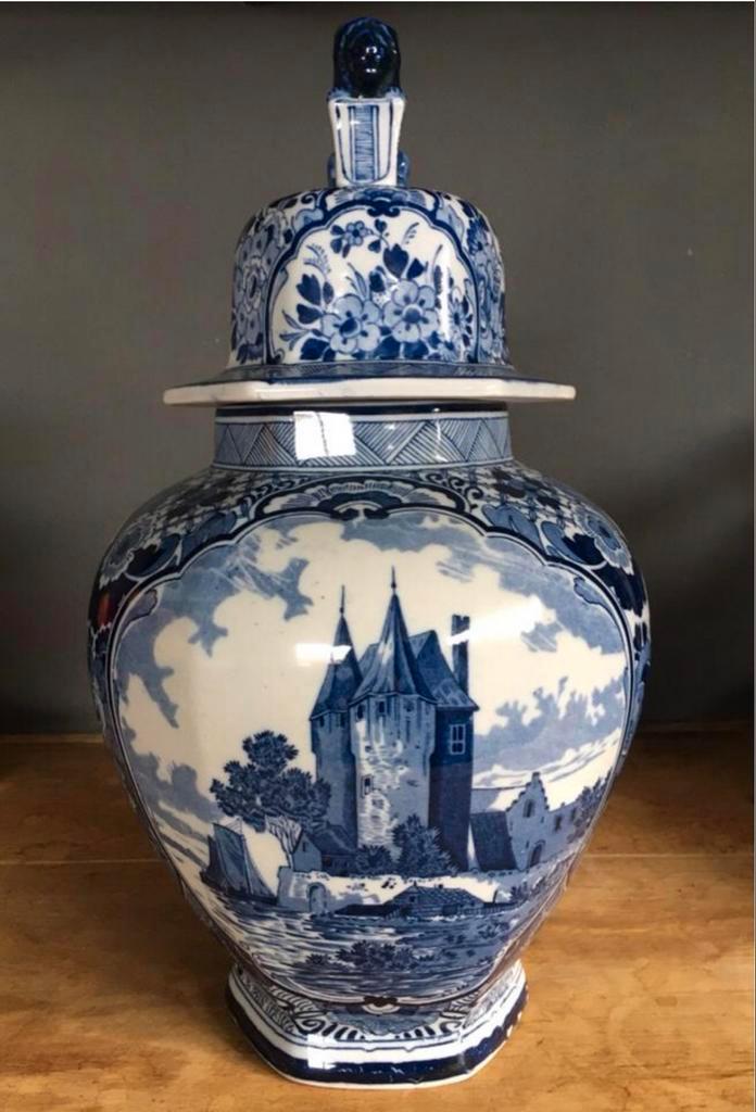 Oud Hollandse Delfts Blauw Vaas met Kasteel en Leeuw 52cm, Antiek en Kunst, Antiek | Vazen, Ophalen of Verzenden