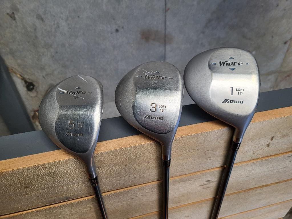 Mizuno Widec golf woods set (1, 3, 5) graphite shaft R flex, Sport en Fitness, Golf, Ophalen, Gebruikt, Set, Mizuno