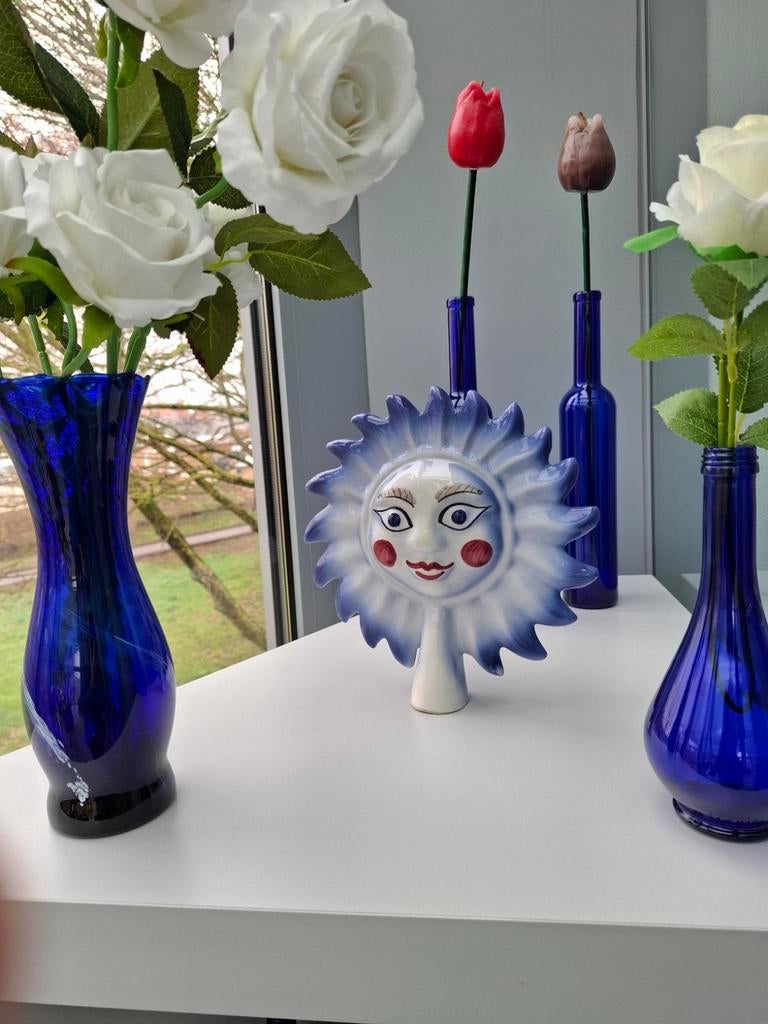 Keramieken Zon Wanddecoratie - Blauw/Wit (Handgemaakt), Ophalen of Verzenden