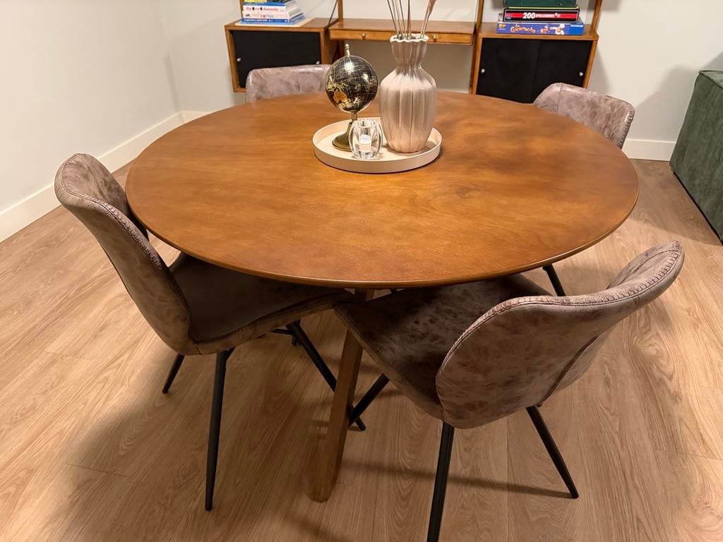 Beliani Eettafel TYMIS Donker mahoniehout 125cm, Ophalen, Gebruikt, 100 tot 150 cm, Rond