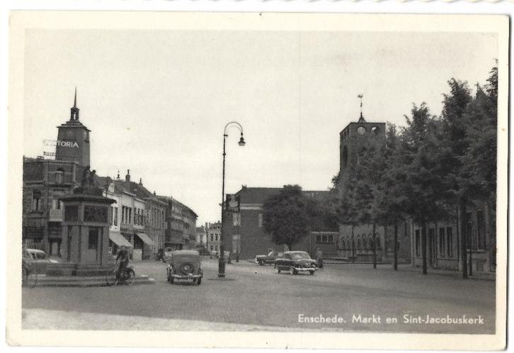 Enschede, Markt en Sint-Jacobuskerk, Verzamelen, Ansichtkaarten | Nederland, Ongelopen, Overijssel, 1940 tot 1960, Verzenden
