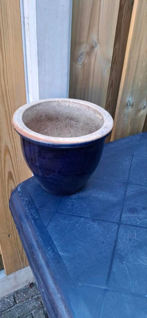 Blauw aardewerk bloempot als nieuw, Rond, Ophalen of Verzenden, Zo goed als nieuw, Minder dan 40 cm
