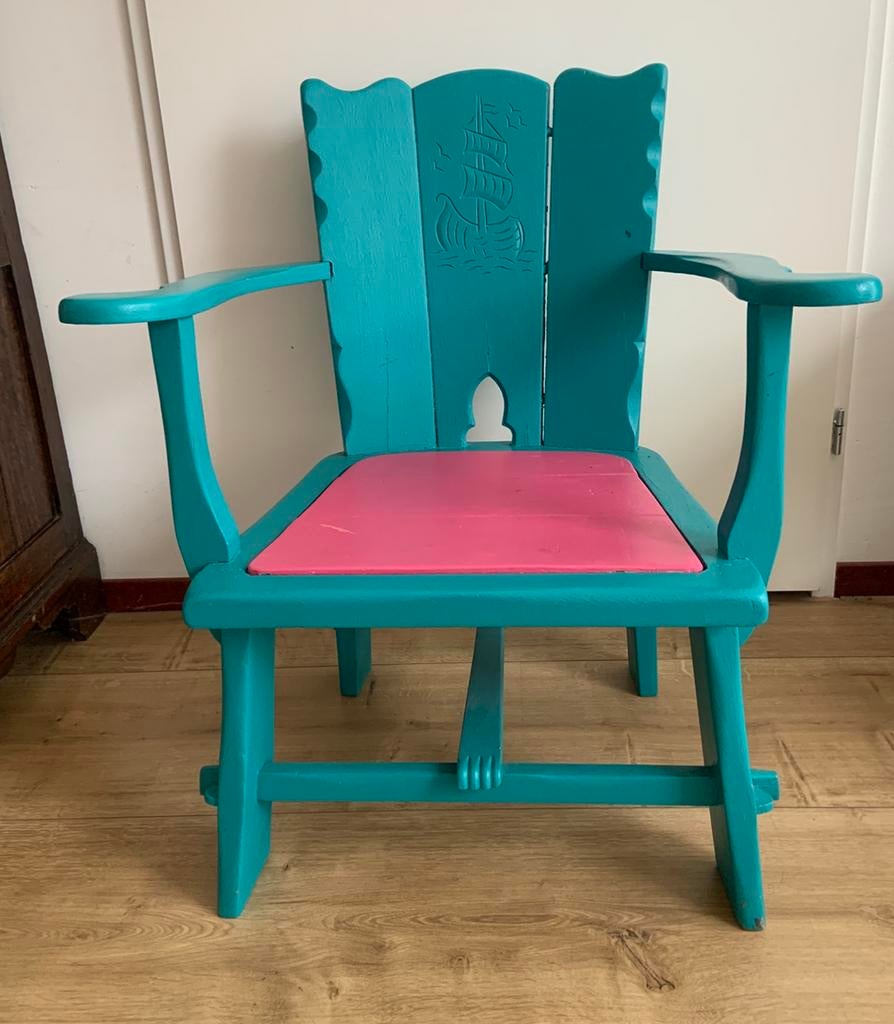 Gepimpte antieke stoel aqua caribean blue rose zitting, Ophalen, Zo goed als nieuw, Blauw, Eén
