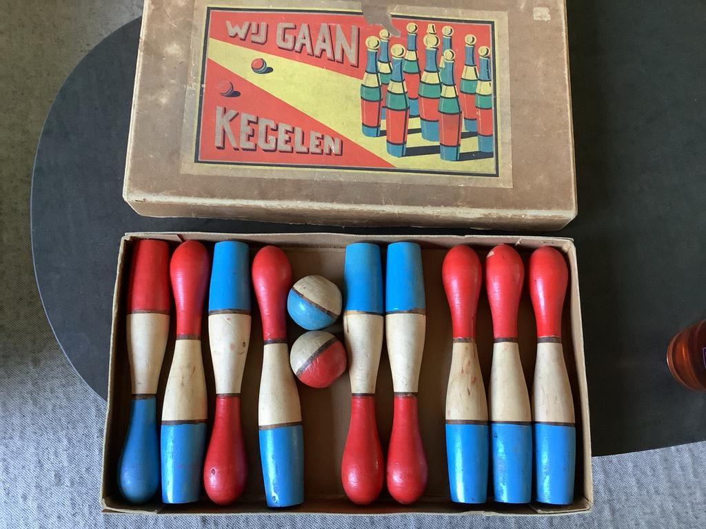 Vintage houten kegelspel 'Wij Gaan Kegelen' in doos, Ophalen of Verzenden, Gebruikt