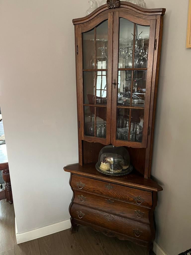 Eiken hoek vitrine kast, Ophalen, Gebruikt, Eikenhout, 50 tot 100 cm
