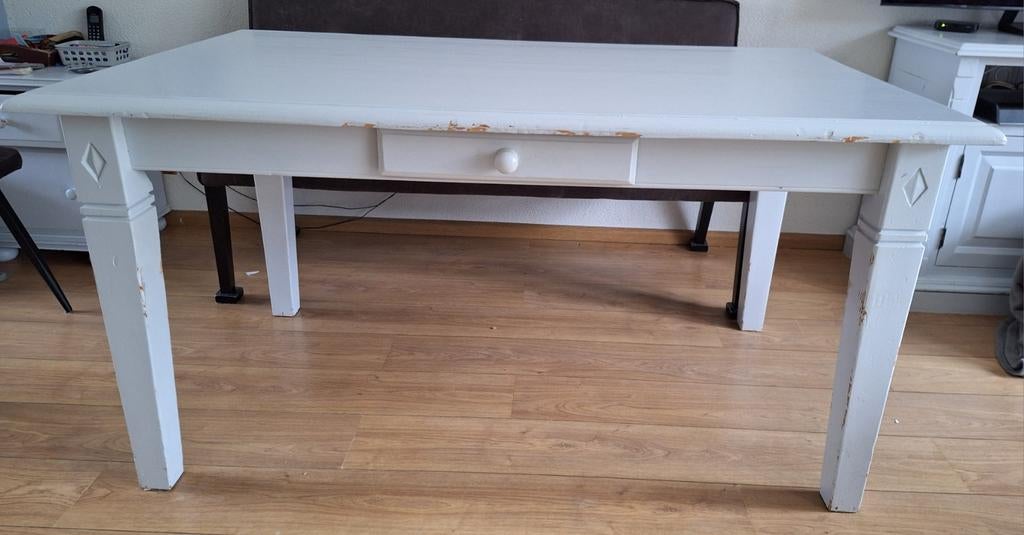 Eettafel (oorspr.  oud grenen, geschilderd naar white wash, Huis en Inrichting, Tafels | Eettafels, Ophalen, Rechthoekig, 50 tot 100 cm