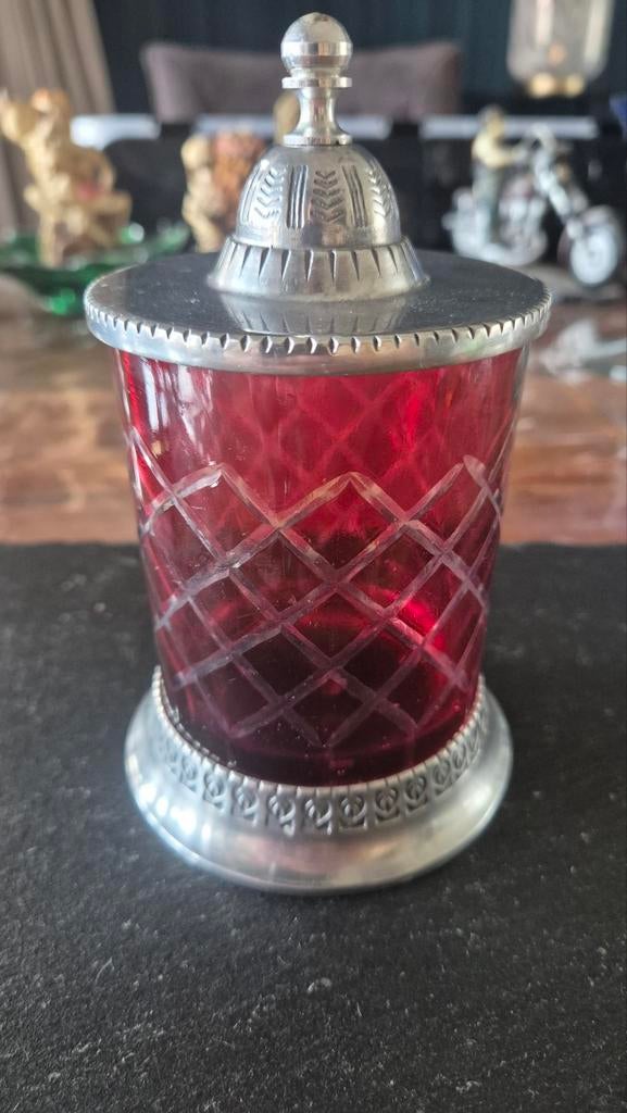 Rood glazen potje met metalen deksel, Antiek en Kunst, Antiek | Glas en Kristal, Ophalen of Verzenden