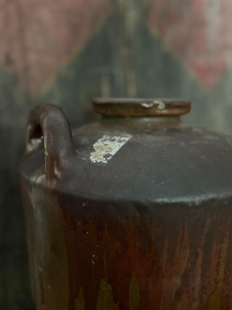 Oude Spaanse wijn kruik uitgelopen glazuur sober imperfect, Antiek en Kunst, Curiosa en Brocante, Ophalen