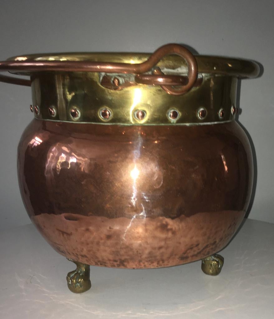 Vintage roodkoper en messing bloempot op pootjes, Antiek en Kunst, Antiek | Koper en Brons, Ophalen of Verzenden, Koper