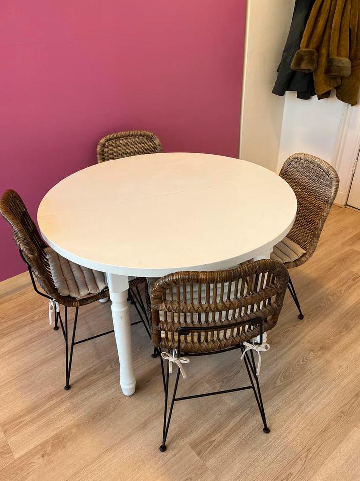 Vintage ronde tafel 110cm + 4 stoelen, Huis en Inrichting, Tafels | Eettafels, Gebruikt, Vier personen, Rond, Overige houtsoorten