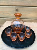 Antieke Likeurset Persglas met dienblad van bakeliet, Ophalen of Verzenden