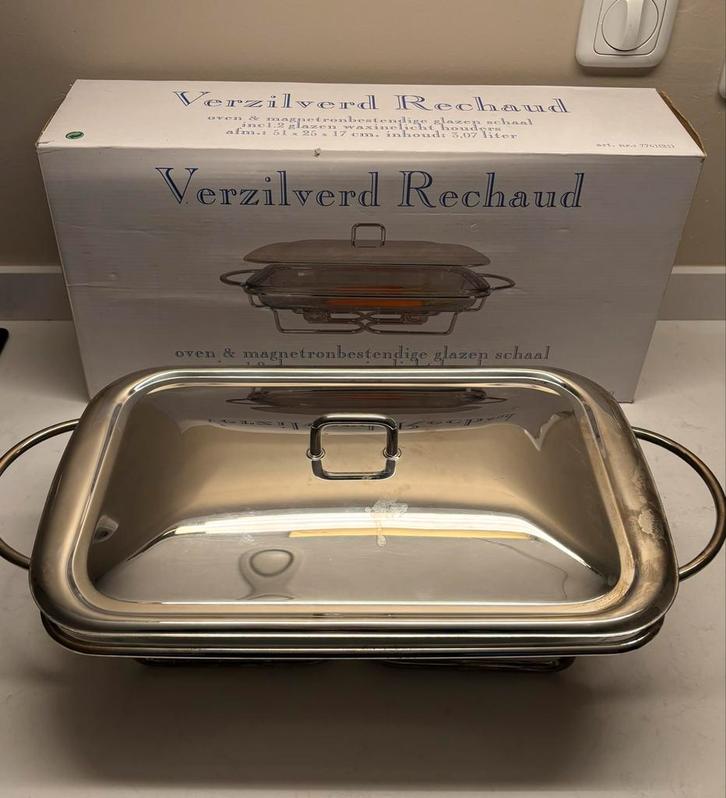 Verzilverde Rechaud met glazen schaal, Huis en Inrichting, Keuken | Keukenbenodigdheden, Zo goed als nieuw, Ophalen of Verzenden
