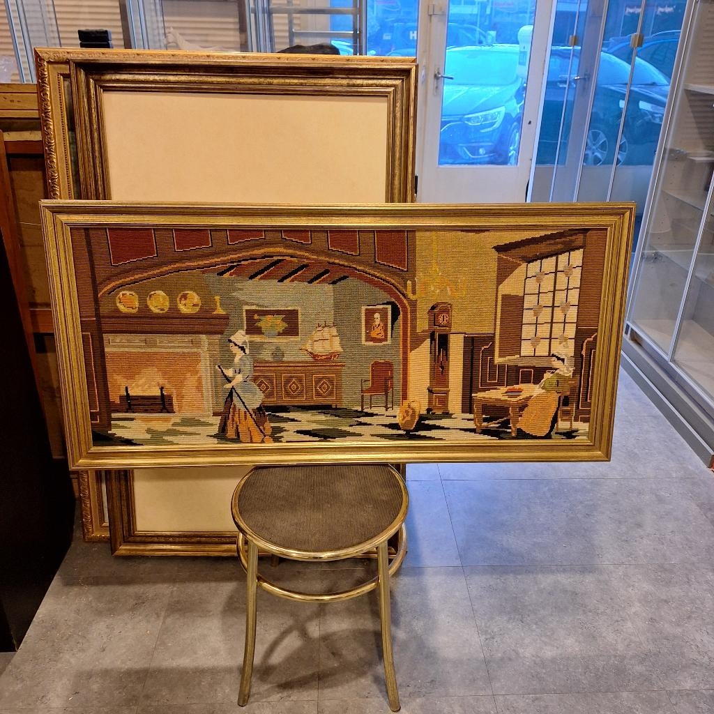 Rechthoekige goudkkleurige houten lijst met textielwerk, Ophalen, Hout, Minder dan 50 cm, Minder dan 50 cm