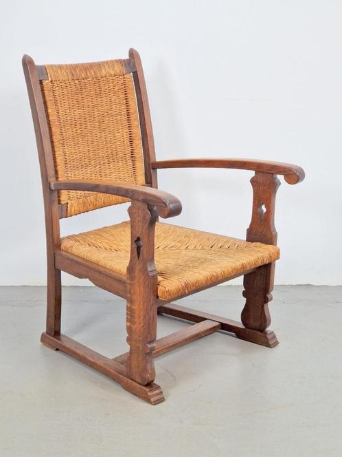 Vintage brutalist fauteuil biezen eiken ‘20 stoel Japandi, Huis en Inrichting, Fauteuils, Gebruikt, Hout, Riet of Rotan, 50 tot 75 cm