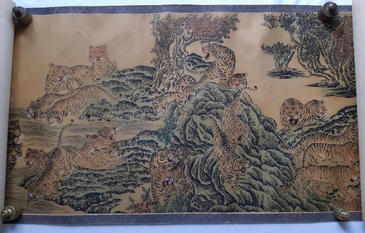 Antieke Chinese Scroll - Tijgers in Landschap van 4,20 meter, Antiek en Kunst, Kunst | Niet-Westerse kunst, Ophalen of Verzenden