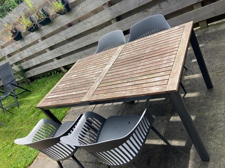 Bijna gratis tuinset- tafel met hardhoutenblad, Tuin en Terras, Tuinsets en Loungesets, Gebruikt, Tuinset, Kunststof, 6 zitplaatsen