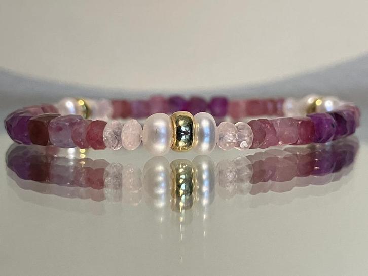 Edelsteen armband met robijn, toermalijn, beryl,  parels, Sieraden, Tassen en Uiterlijk, Edelstenen, Nieuw, Verzenden